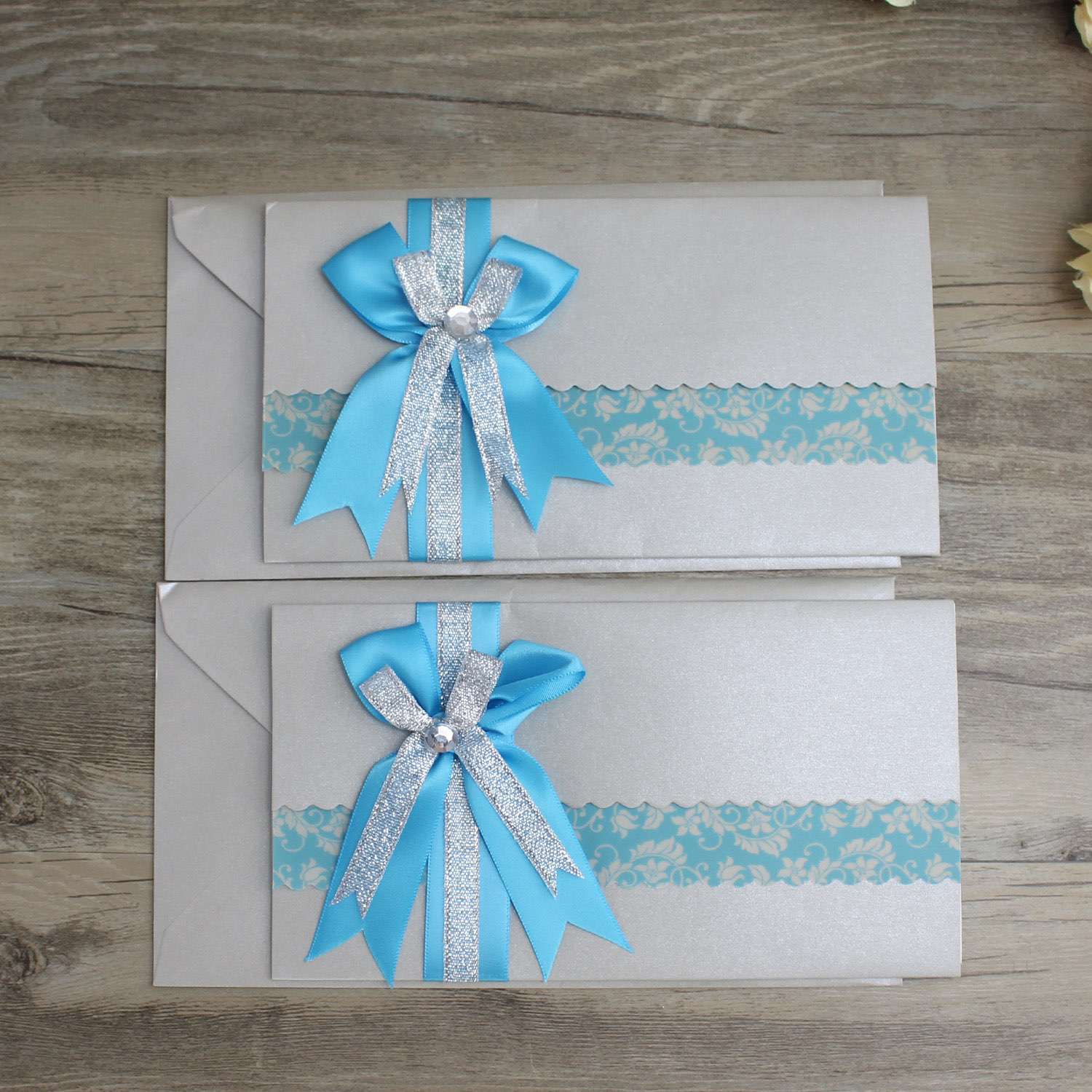 Wave Invitation with Ribbon Bow Wedding Card Customized Modern Invitation Card 